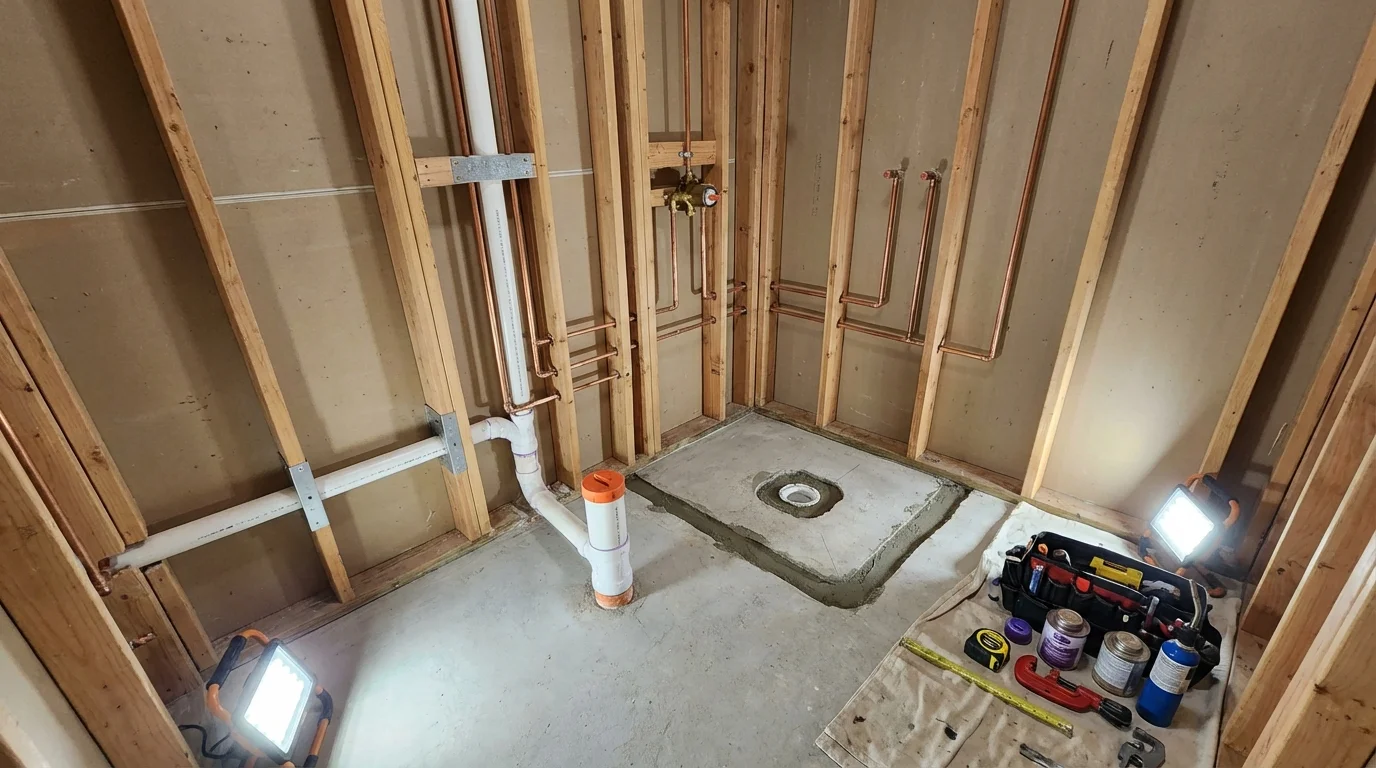 Bathroom rough-in plumbing during remodel by Johns Plumbing LLC in Justin