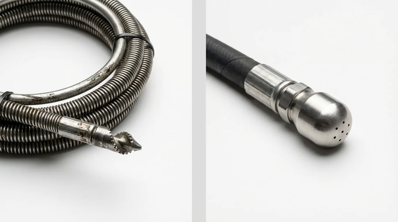 Drain snake cable and hydro jetting nozzle used for drain cleaning in Justin, TX