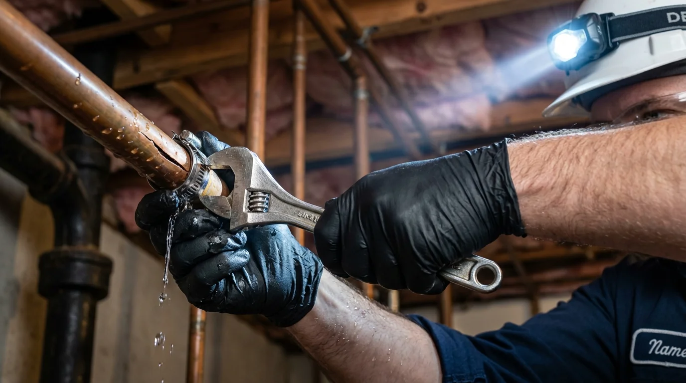 Emergency pipe clamp repair being performed by a Johns Plumbing LLC plumber in Justin