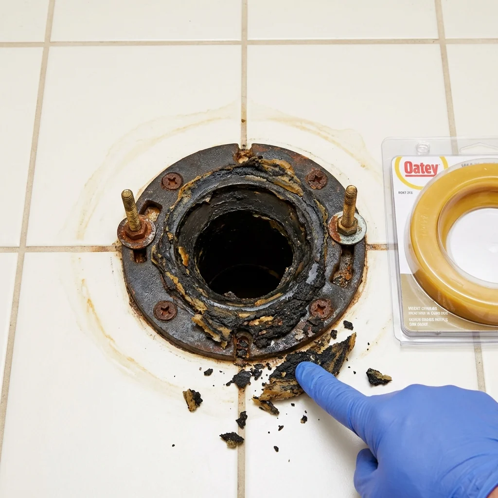 Failed wax ring showing water seepage at the base of a toilet in a Justin, TX home