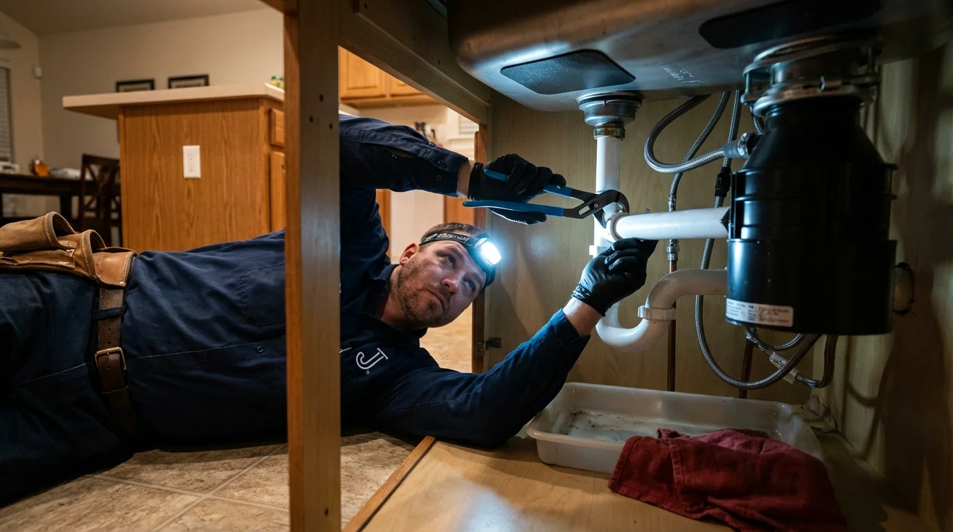P-trap and supply line connections under a kitchen sink showing a common leak point in Justin, TX